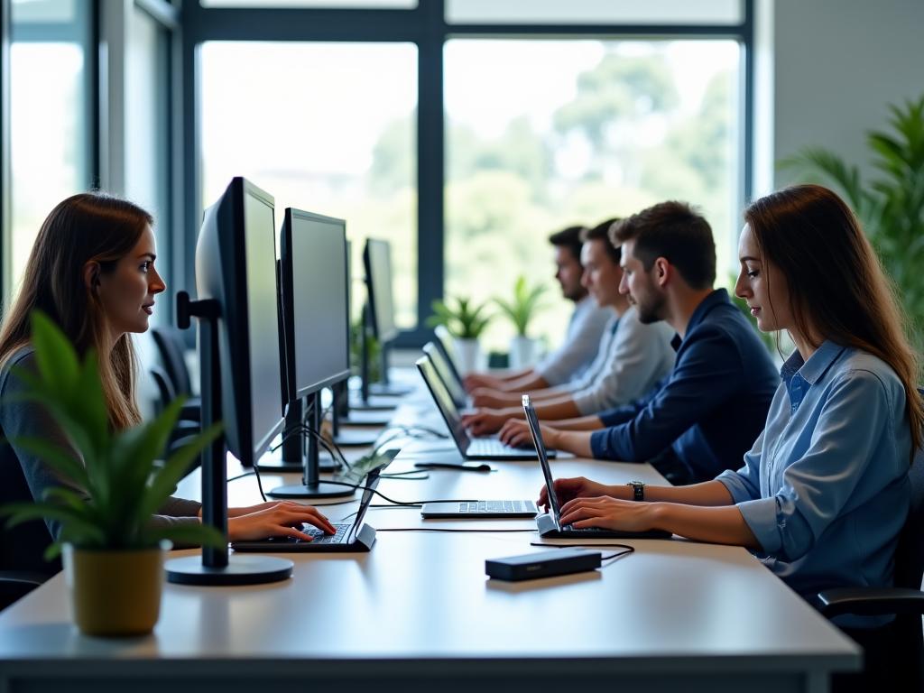 Profesionales usando hubs USB-C en oficina moderna Bogotá